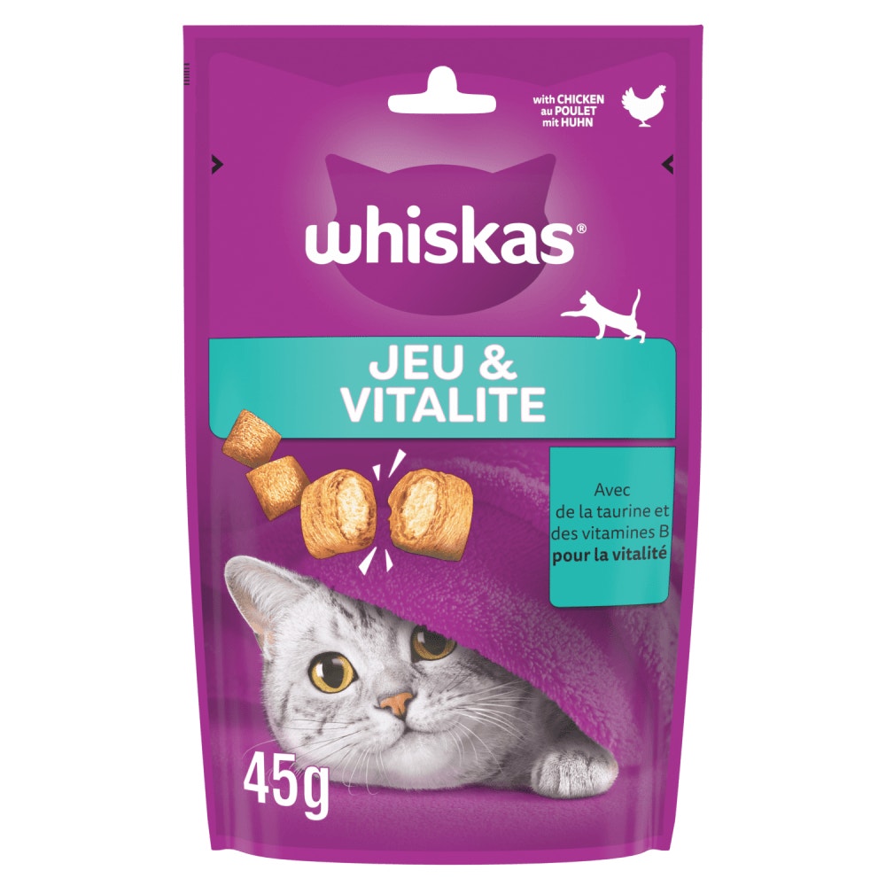 WHISKAS® Pounce & Play Jeu & Vitalité au Poulet Aliment complémentaire pour Chat Adulte 45g - 1