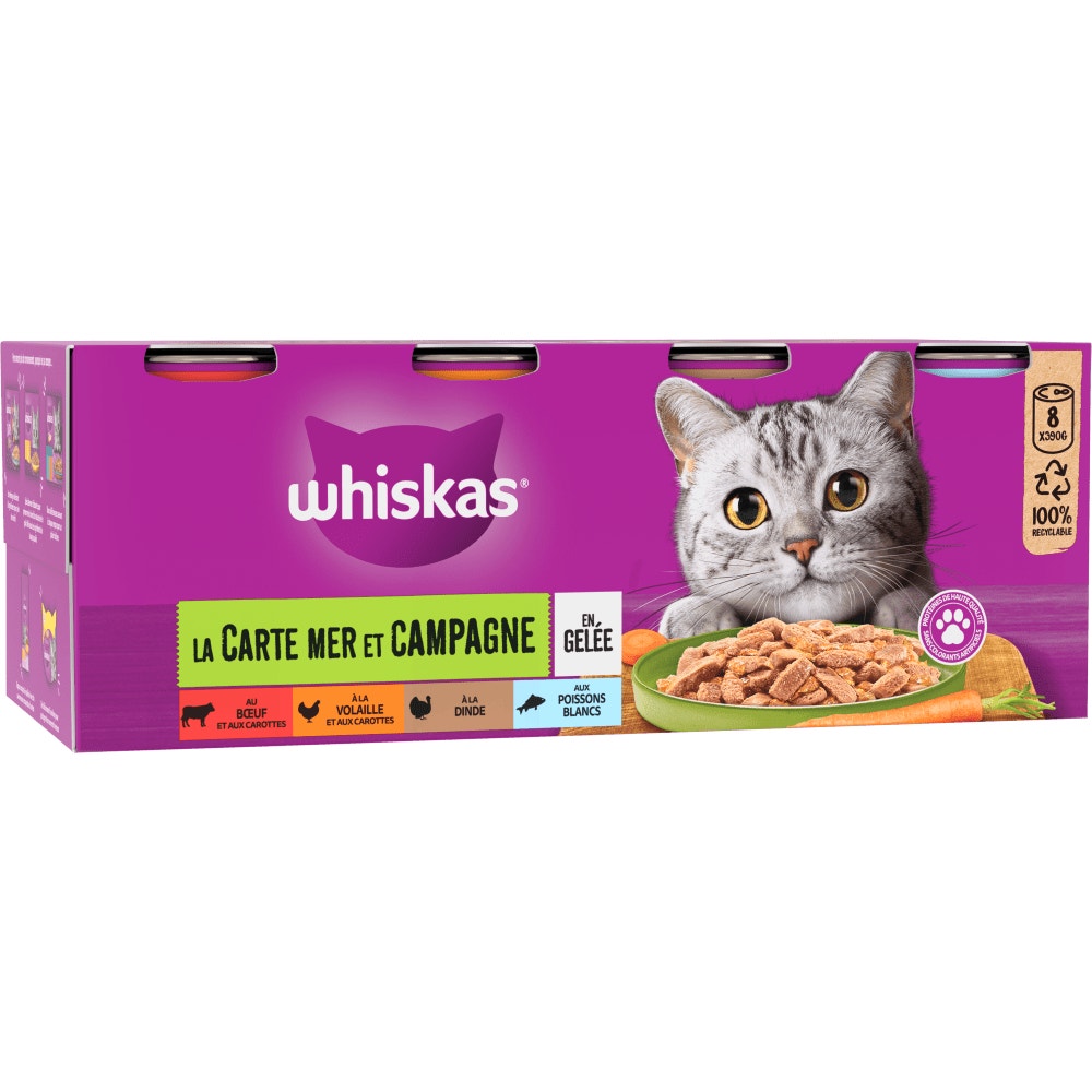 WHISKAS® La Carte Mer et Campagne En Gelée Pour Chat Adulte 4 Variétés 8 x 390g - 1