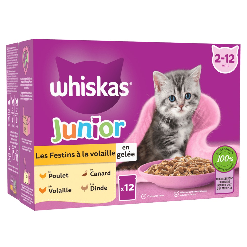 WHISKAS® Sachets Fraîcheur Les Festins À La Volaille En Gelée Pour Chaton 4 Variétés 12 x 85g - 1