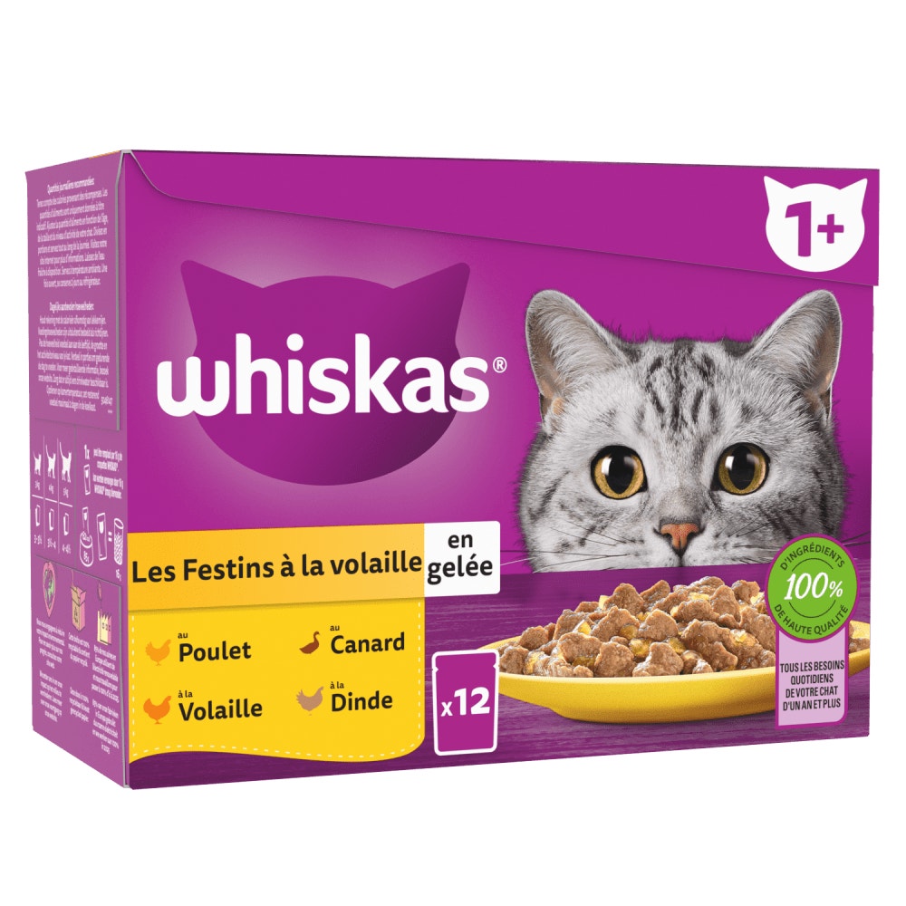 WHISKAS® Sachets Fraîcheur Les Festins À La Volaille En Gelée Pour Chat Adulte 4 Variétés 12 x 85g - 1
