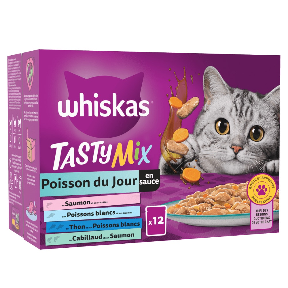 WHISKAS® Tasty Mix Sachets Fraîcheur Poisson Du Jour En Sauce Pour Chat Adulte 4 Variétés 12 x 85g - 1