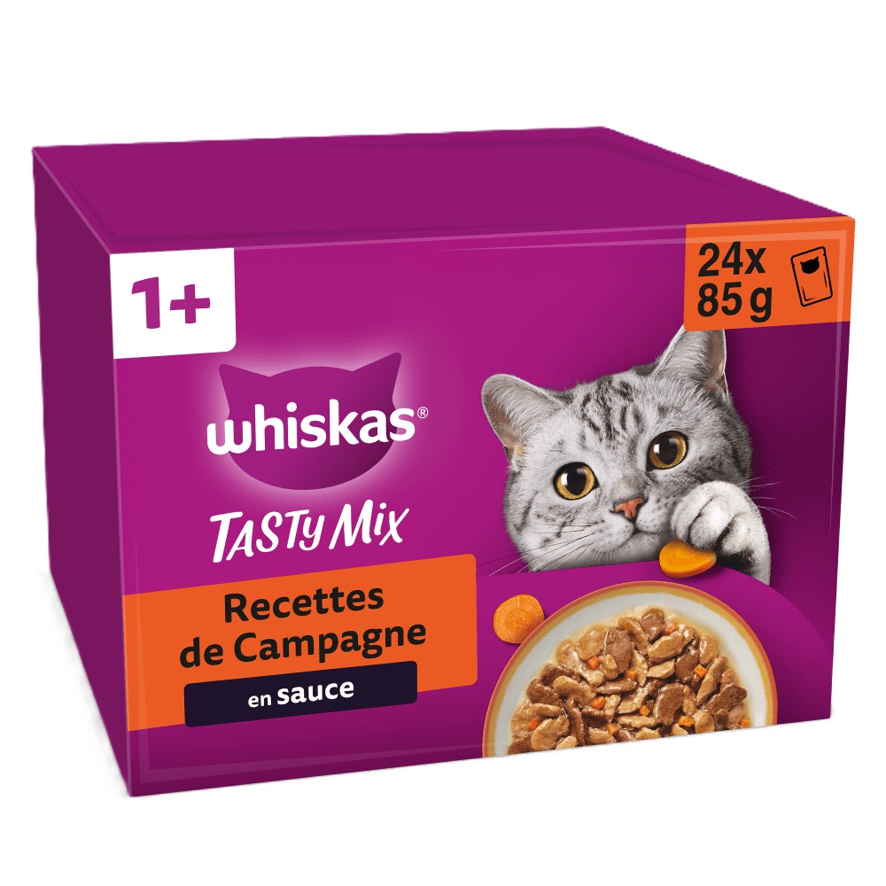 WHISKAS® Tasty Mix Sachets Fraîcheur Recettes De Campagne En Sauce Pour Chat Adulte 4 Variétés 24 x 85g - 1